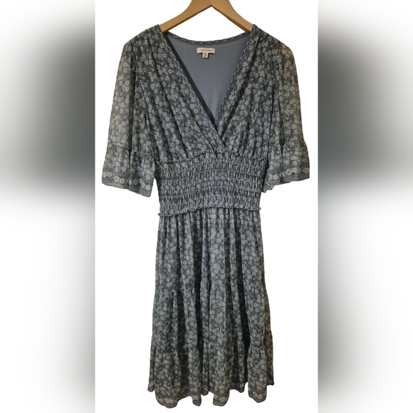 Max Studio Blue Midi Dress with Smocked Waist and V-Neck - Picture 1 of 5